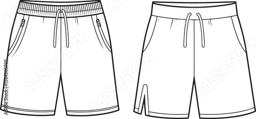 Men’s Sport Shorts Elastic Waistband Drawstring Pocket CAD Technical Flat Vector Sketch Fashion Activewear Apparel Garment Template Design Illustration