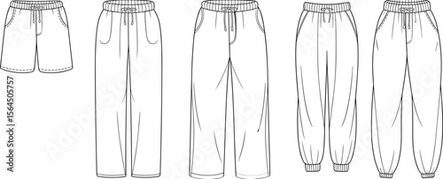 Sweatpants Jogger Pants and Shorts Collection CAD Technical Flat Vector Sketch with Drawstring Waist Pocket Hem Detail Fashion Garment Template Illustration