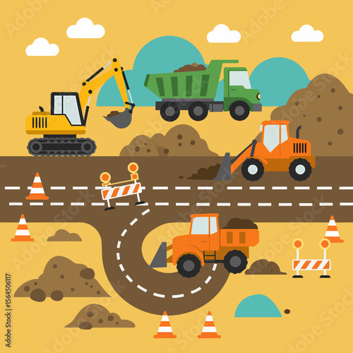 Construction vehicles work on road building project, excavating and moving earth.