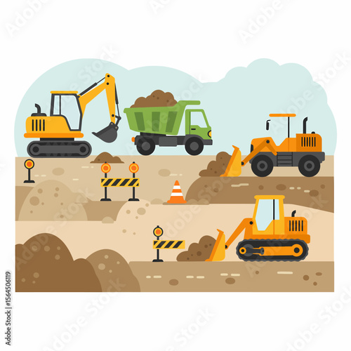 Construction site illustration featuring heavy machinery, moving earth, and safety barriers.