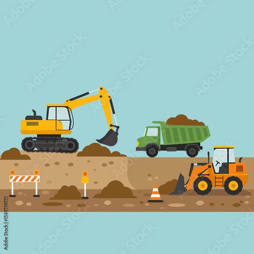 Construction site with excavator digging, dump truck hauling dirt, and loader moving soil.