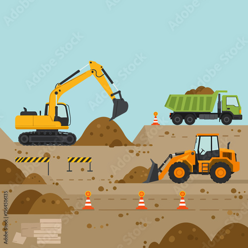 Construction site with excavator, bulldozer, and dump truck actively moving earth and materials.
