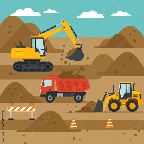 Construction site with excavator, dump truck, and bulldozer moving earth.