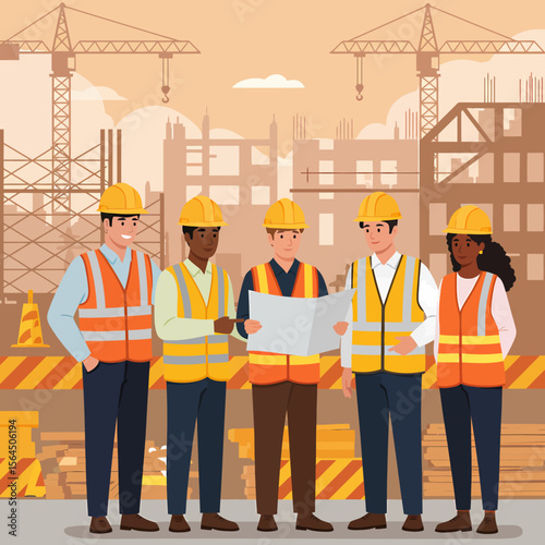 A construction team reviews blueprints at a building site with cranes and scaffolding in the background.