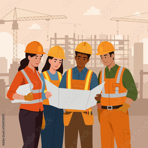Diverse construction workers collaborating on blueprints in a construction site setting.
