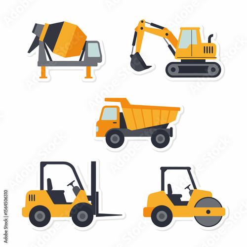Illustration of five construction vehicles: a cement mixer, excavator, dump truck, forklift, and road roller.
