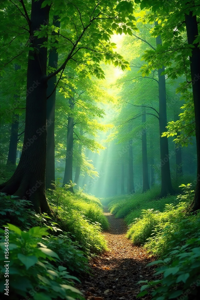 Fototapeta premium Dappled Sunlight Filtering Through Lush Spring Forest Canopy Tranquil Nature Scene