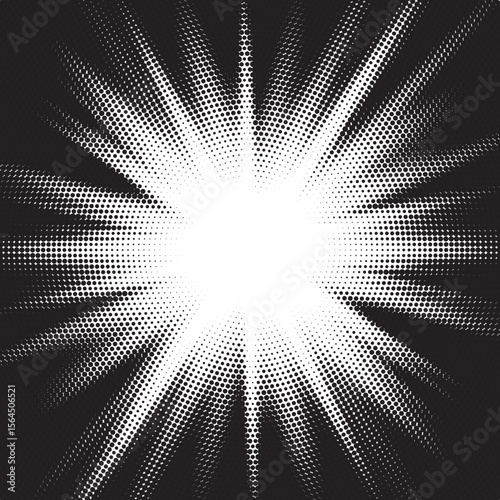 Halftone gradient sun rays pattern. Abstract halftone vector dots background. monochrome dots pattern. Vector background in comic book style with sunburst rays and halftone. Retro pop art design.