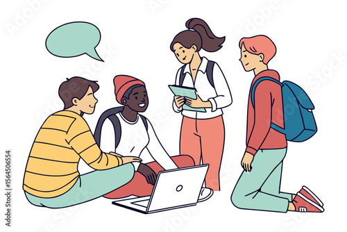 Diverse group of young students collaborating on a project using a laptop and tablet sharing ideas and working together in a casual setting