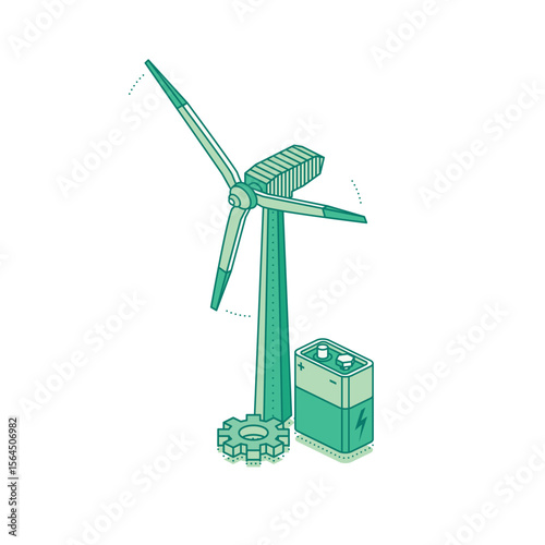 Isometric wind turbine with a battery and gear. Renewable energy generation, clean power storage, and sustainable green technology. Illustration.
