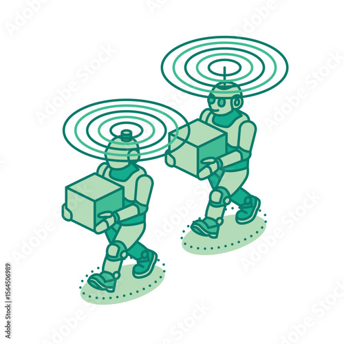 Isometric two robots carrying boxes with wireless signals. Smart automation, AI logistics, and future technology in warehouse operations. Illustration. Robots isolated on white.