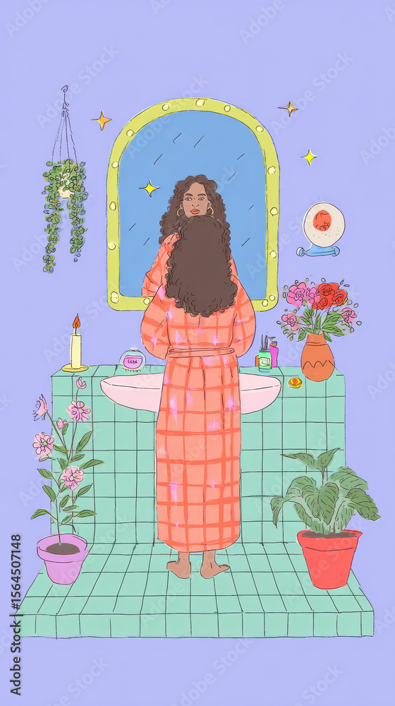Calm illustration of woman looking at herself in the bathroom mirror Calm illustration of woman looking at herself in the bathroom mirror