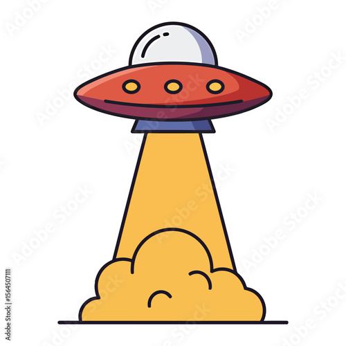 A cartoon depiction of a red UFO hovering with a bright beam of light.
