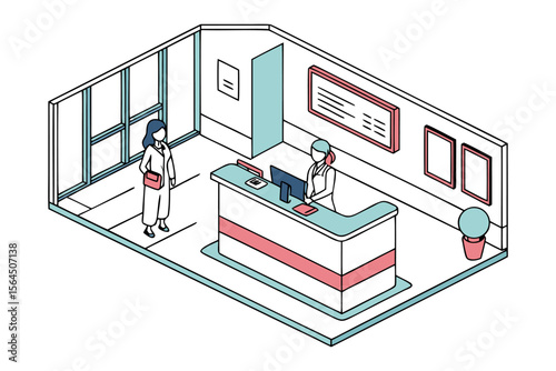 Modern reception area with a receptionist at the desk and a visitor waiting by the window in a clean isometric illustration