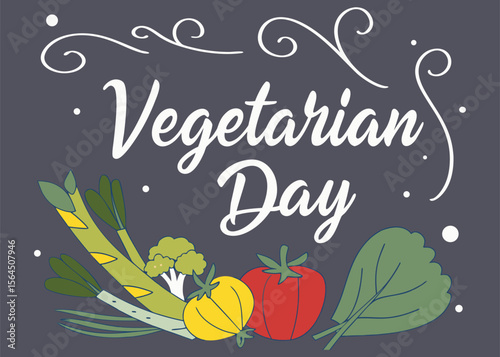 Celebrating Vegetarian Day A Colorful Illustration of Fresh Vegetables and Elegant Typography on a Gray Background