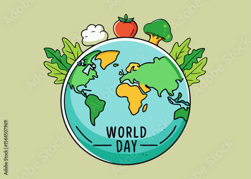 Cartoon Earth with Vegetables and Leaves for World Day Celebration on Light Green Background cartoon