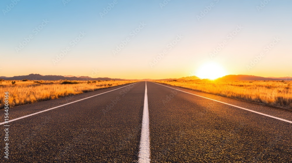 Fototapeta premium Long Straight Road through Desert Landscape at Sunrise.