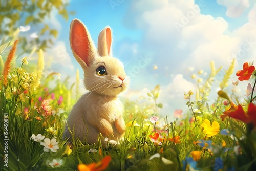 Charming Bunny Sitting Amongst Colorful Wildflowers on a Sunny Spring Day Field