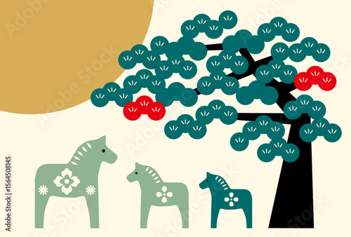 New Year's Cards-65　2026年、年賀状 午（うま・馬）の干支イラスト。 令和8年、年賀状テンプレート。和モダンなデザインの年賀状。
