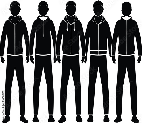 Black and White Vector Illustration of Men's Hoodies and Sweatpants Tracksuit Fashion Set