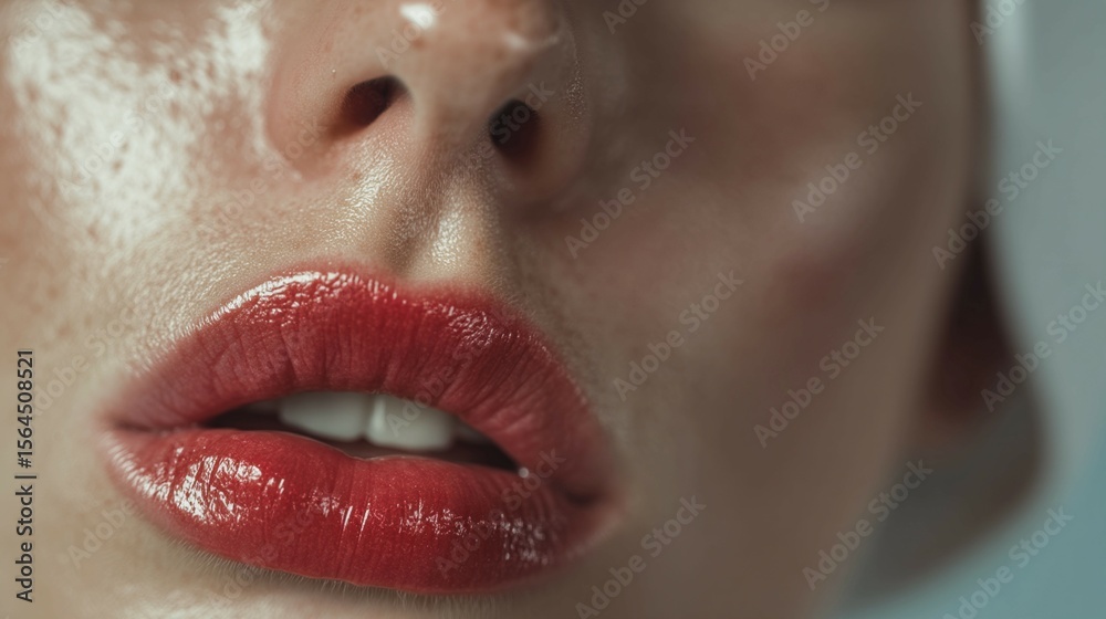 Naklejka premium A woman with red lipstick is shown with a white background. Concept of beauty and confidence, as the woman's lips are prominently displayed. The red lipstick adds a bold