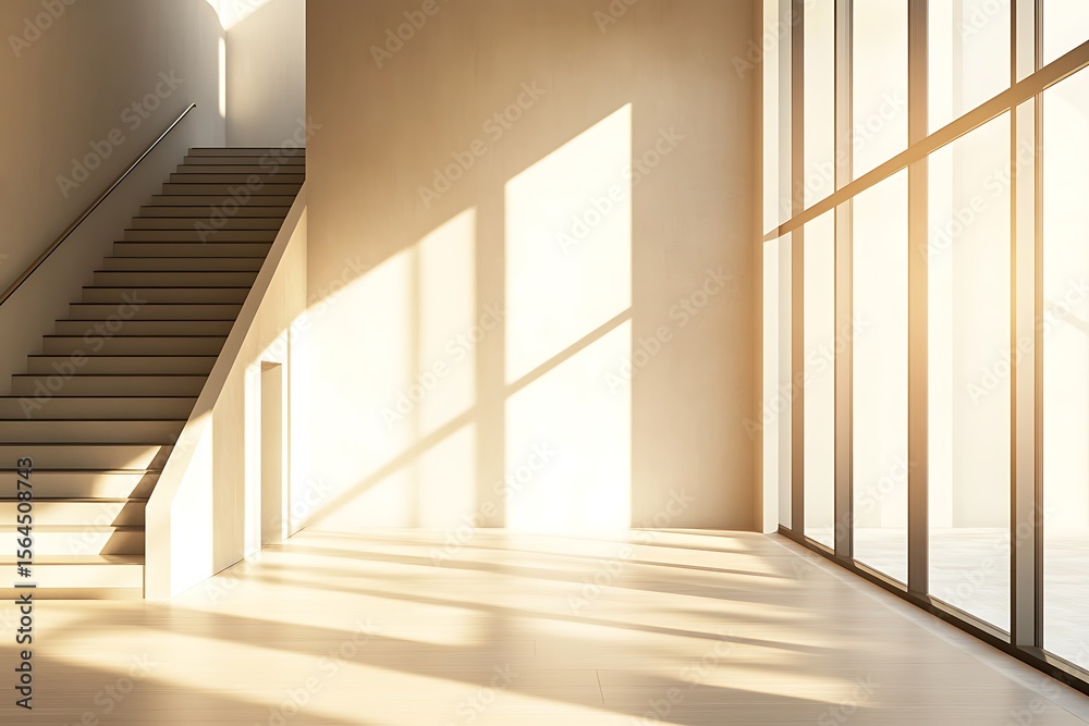 Obraz premium Bright architectural interior with stairs, light wood floors, and large window sunlight