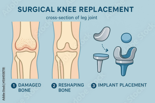 Vector medical infographic of surgical knee replacement procedure. Step-by-step illustration showing bone damage, reshaping, and implant placement. Educational flat style for healthcare topics.
