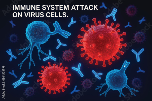 Vector 3D illustration showing immune system attacking virus cells. Blue and red cells with antibodies in dark background for medical, microbiology, and health themes.