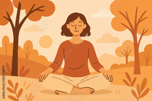 Vector cartoon illustration of a young woman meditating in autumn forest. Calm and peaceful atmosphere with orange tones and nature elements in minimalist style.