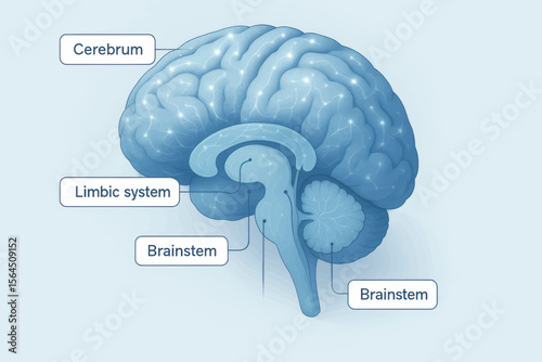Detailed illustration of the human brain, labeled with cerebrum, limbic system, and brainstem for neuroscience and educational reference.