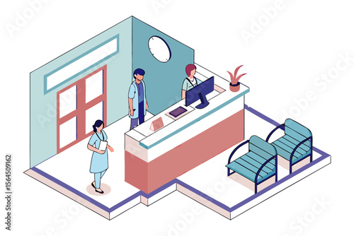 Isometric illustration of a medical reception area with healthcare professionals and waiting chairs depicting a modern clinic environment