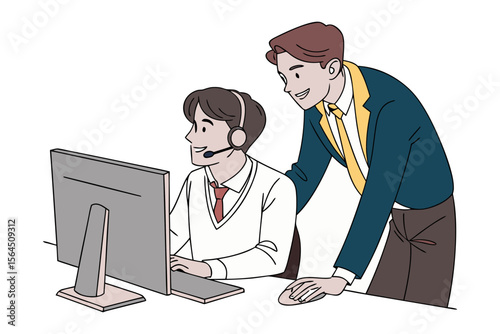 A supportive supervisor offers guidance to a customer service representative working diligently at their computer workstation