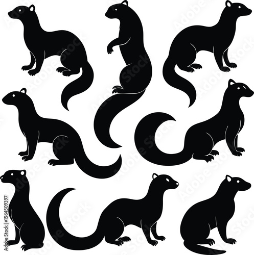 Black Silhouette of Ferrets: Vector Graphic Illustration of Cute Mammals, Wildlife Art, Animal Design