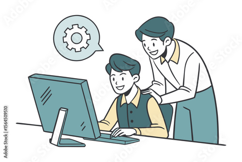 Two smiling men collaborating on a computer project with a gear icon indicating a process or idea in a speech bubble