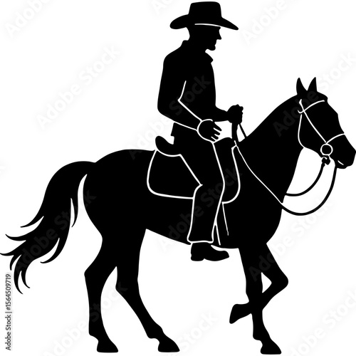 Sketchy emblem of sheriff in a cowboy hat riding a horse. Engraving minimalistic vector in black ink drawing on transparent background