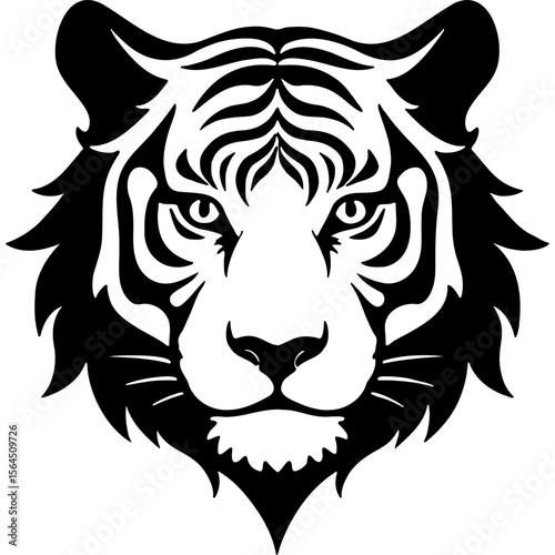 Sketchy emblem of striped tiger head front view. Engraving minimalistic vector in black ink drawing on transparent background