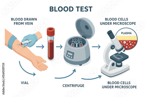 A vector-style infographic illustrates the blood test process including vein draw, vial collection, centrifuge spinning, and microscopic examination.
