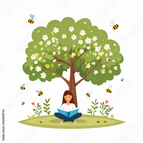 person reading a book under a large tree with blooming flowers and bees