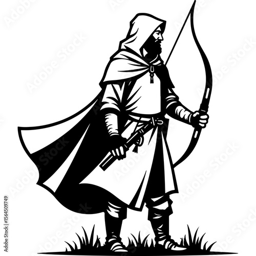 Sketchy emblem of medieval hunter dressed in a cloak holds a bow in his lowered hand. Engraving minimalistic vector in black ink drawing on transparent background