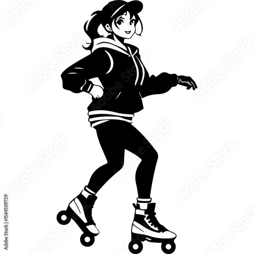 Sketchy sport emblem of cute girl in leggings and baseball cap flirtatiously rollerskates. Engraving minimalistic vector in black ink drawing on transparent background