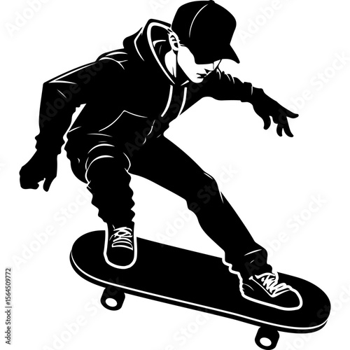 Sketchy sport emblem of street athletes extreme on a skateboard. Engraving minimalistic vector in black ink drawing on transparent background