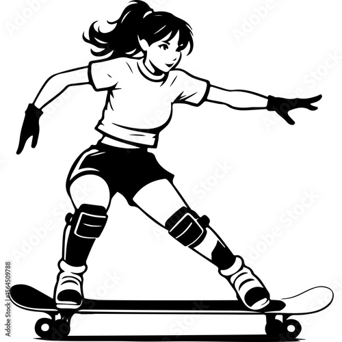 Sketchy sport emblem of girl racing on longboard in knee pads. Engraving minimalistic vector in black ink drawing on transparent background