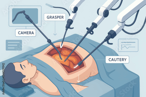 A vector illustration of robotic-assisted surgery showing robotic arms using camera, grasper, and cautery tools on a patient s abdomen.