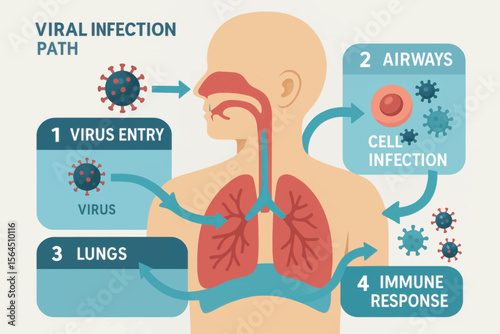 A vector educational diagram illustrating viral infection path from entry through airways to lungs and immune system activation stages.