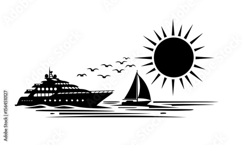 Sunny Seascape with Yacht and Sailboat Silhouettes