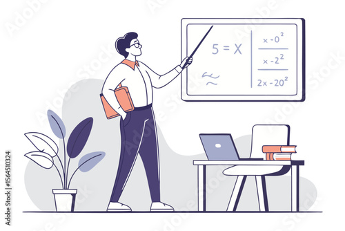 A focused teacher with glasses points to a whiteboard with mathematical equations holding books in a classroom setting