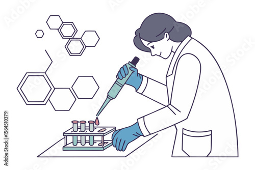 Scientist in a lab coat carefully pipettes liquid into test tubes amidst chemical structure diagrams
