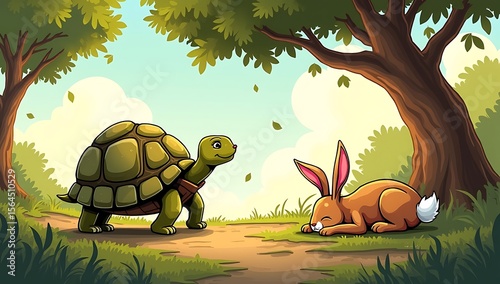 Illustration of the tortoise and the hare mid-race with the tortoise calmly walking while the hare naps under a tree, symbolizing 