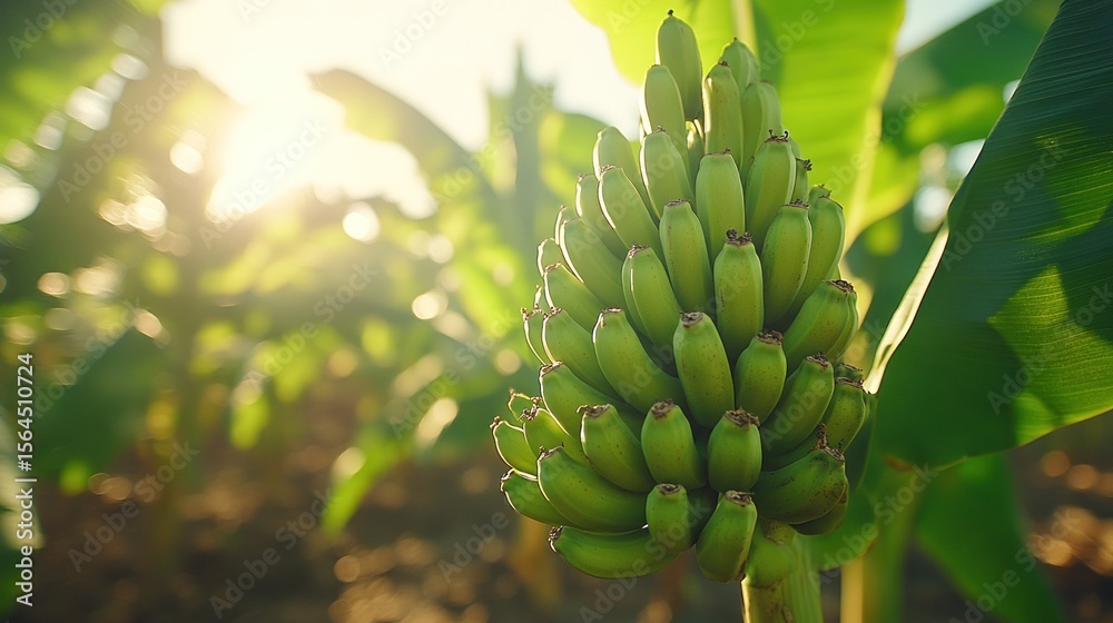 Fototapeta premium Close-up of unripe bananas on a bunch, tropical sunlight
