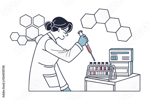 Scientist in a lab coat carefully pipettes liquid into test tubes amidst molecular structures and equipment
